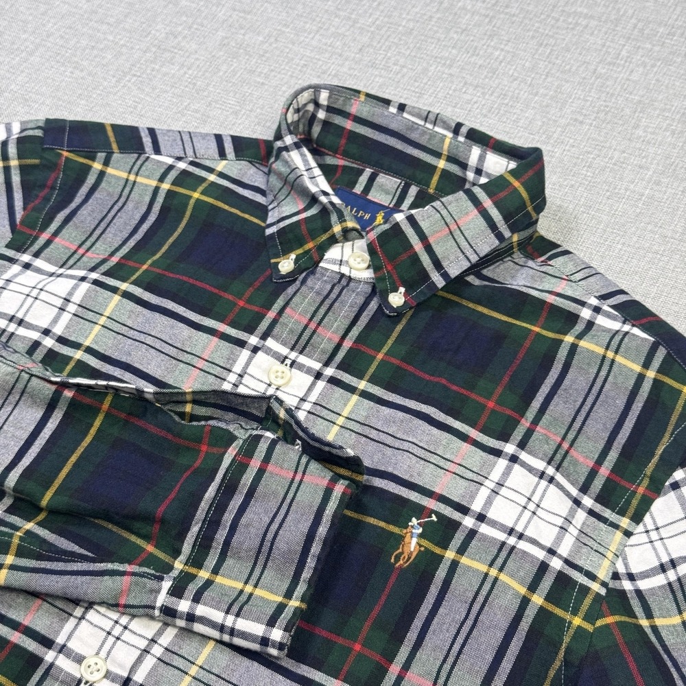 Ralph Lauren Button-Down Slim Fit Shirt Men S Green Flesh Pony Plaid Long Sleeve